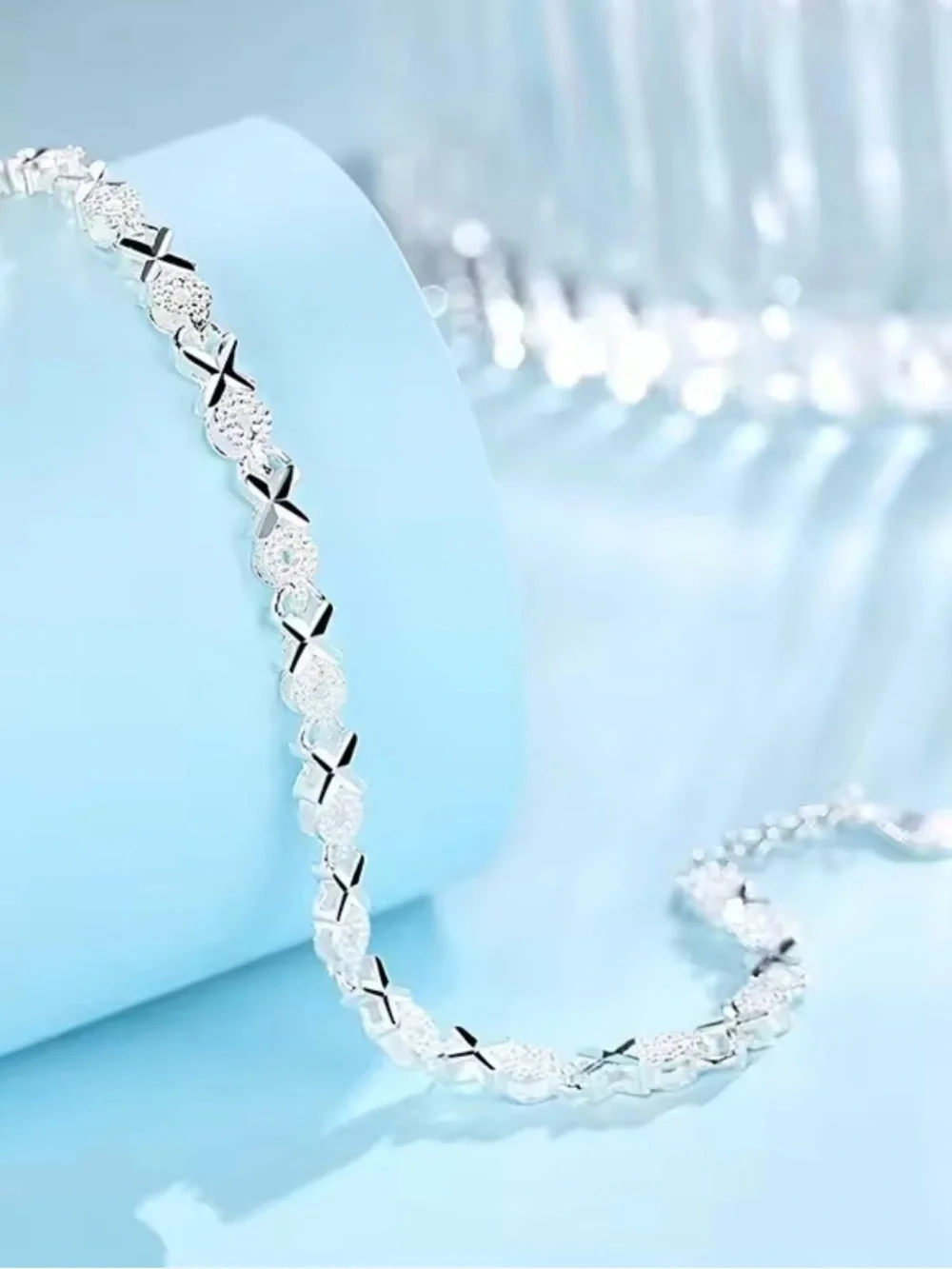 Sterling Silver Crystal Cross-Link Bracelet - Polished Silver